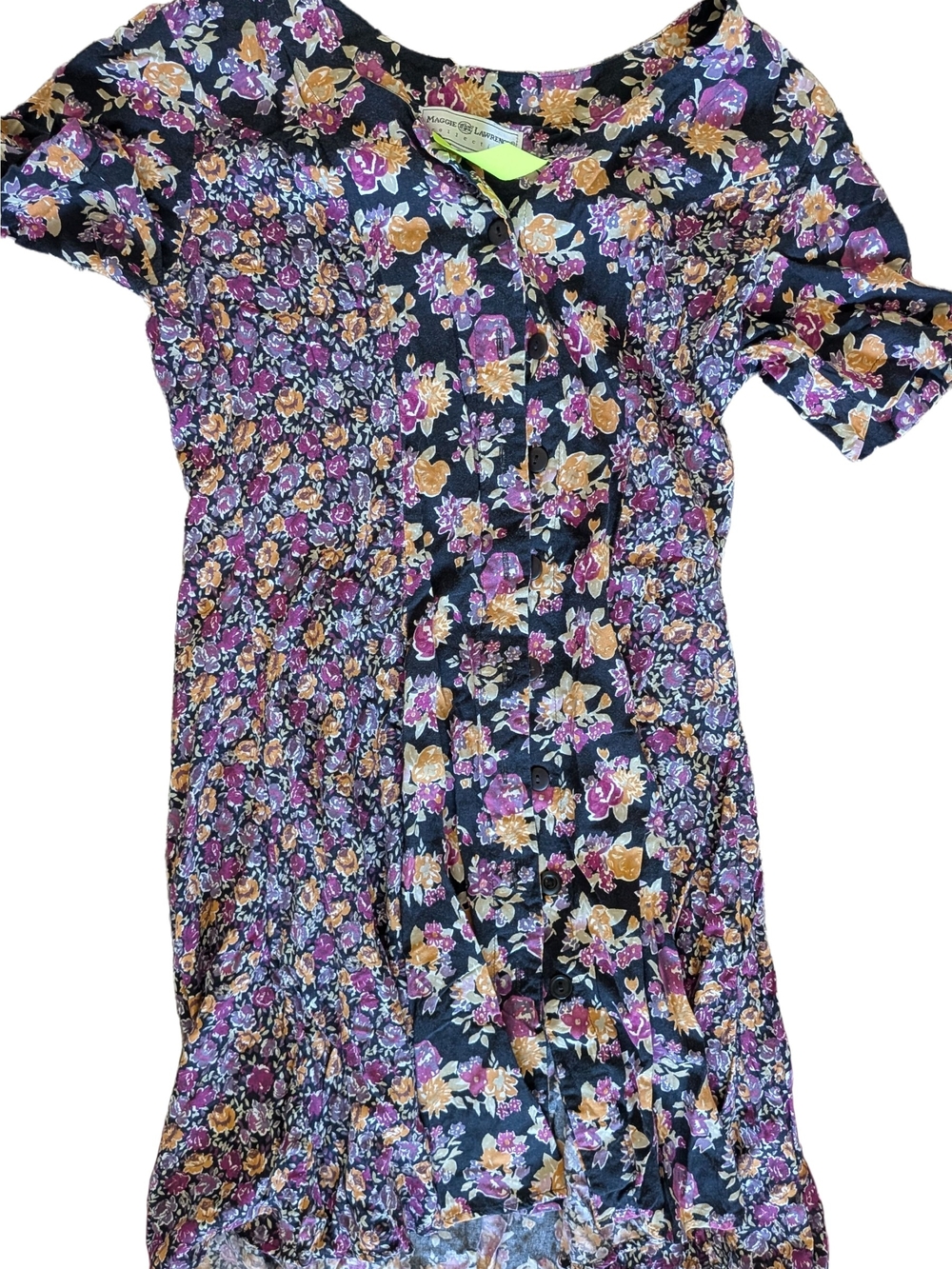 Floral Button-Front Midi Dress in Black, Purple & Gold